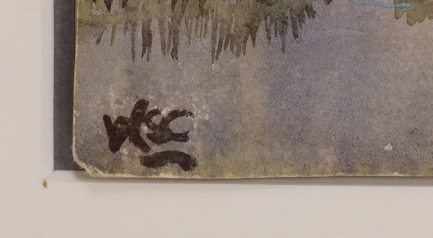 After Winston Churchill, watercolour, River landscape, Galerie Beyeler stamp verso and inscribed in pencil 'Truley Sep 24 1903', bears initials, 27 x 38cm